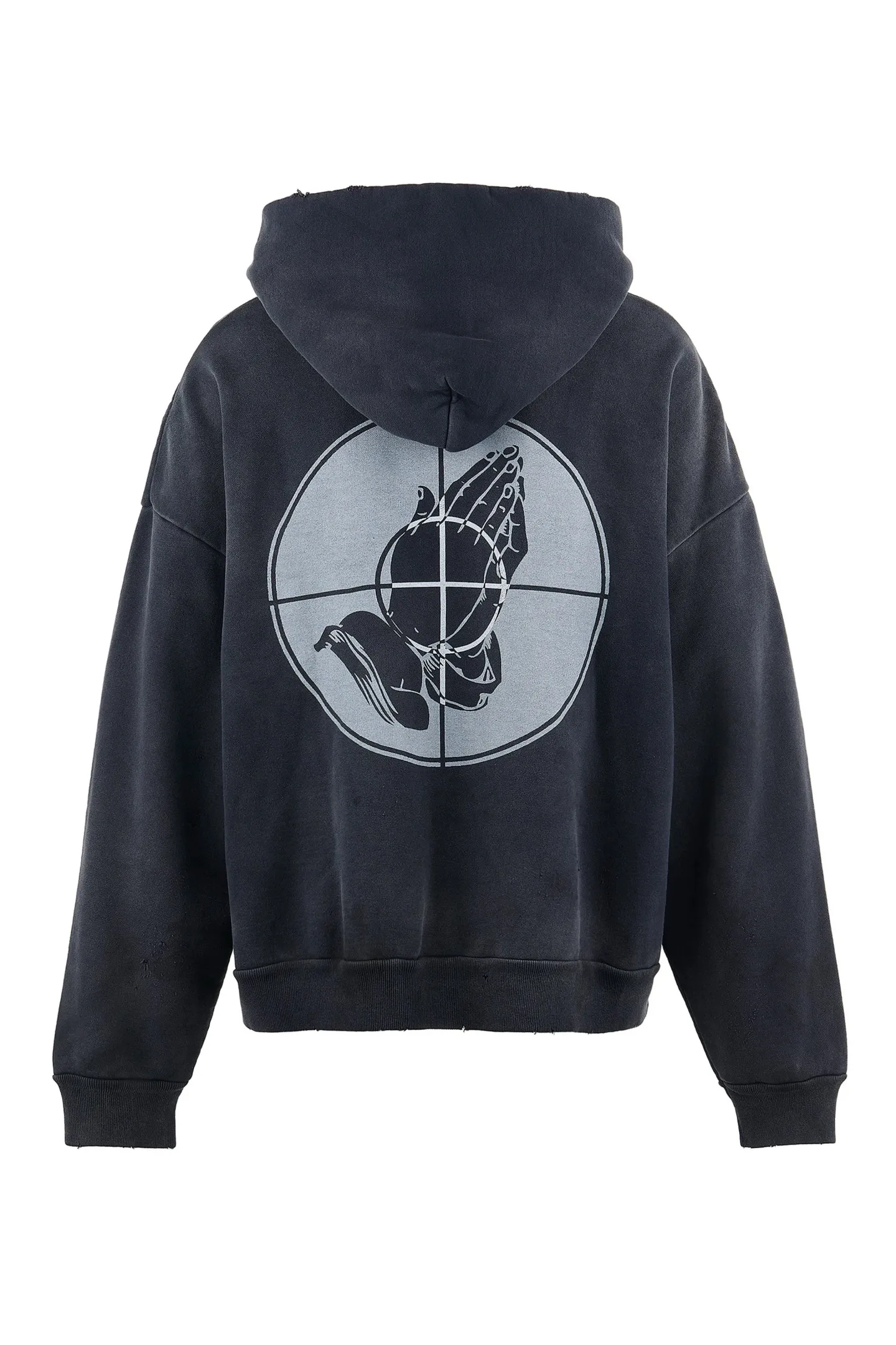 SAINT Mxxxxxx × FEAR OF GOD FG_HOODIE/SNT OF GOD/BLK FOG joint model ETERNAL praying crosshair distressed hoodie. Washed black S-XL. This season's popular super popular joint model. The original version is the same. Thin spring and summer fabrics. The upper body is comfortable. The BOXY version of the short fat wide shoulder line. Fashion darling wears it with a high-end feel. Heavy washing and water fading technology. The horse is repositioned. Excessive wear and damage graffiti treatment. Correct version FOG joint main mark/wash mark/little angel mark